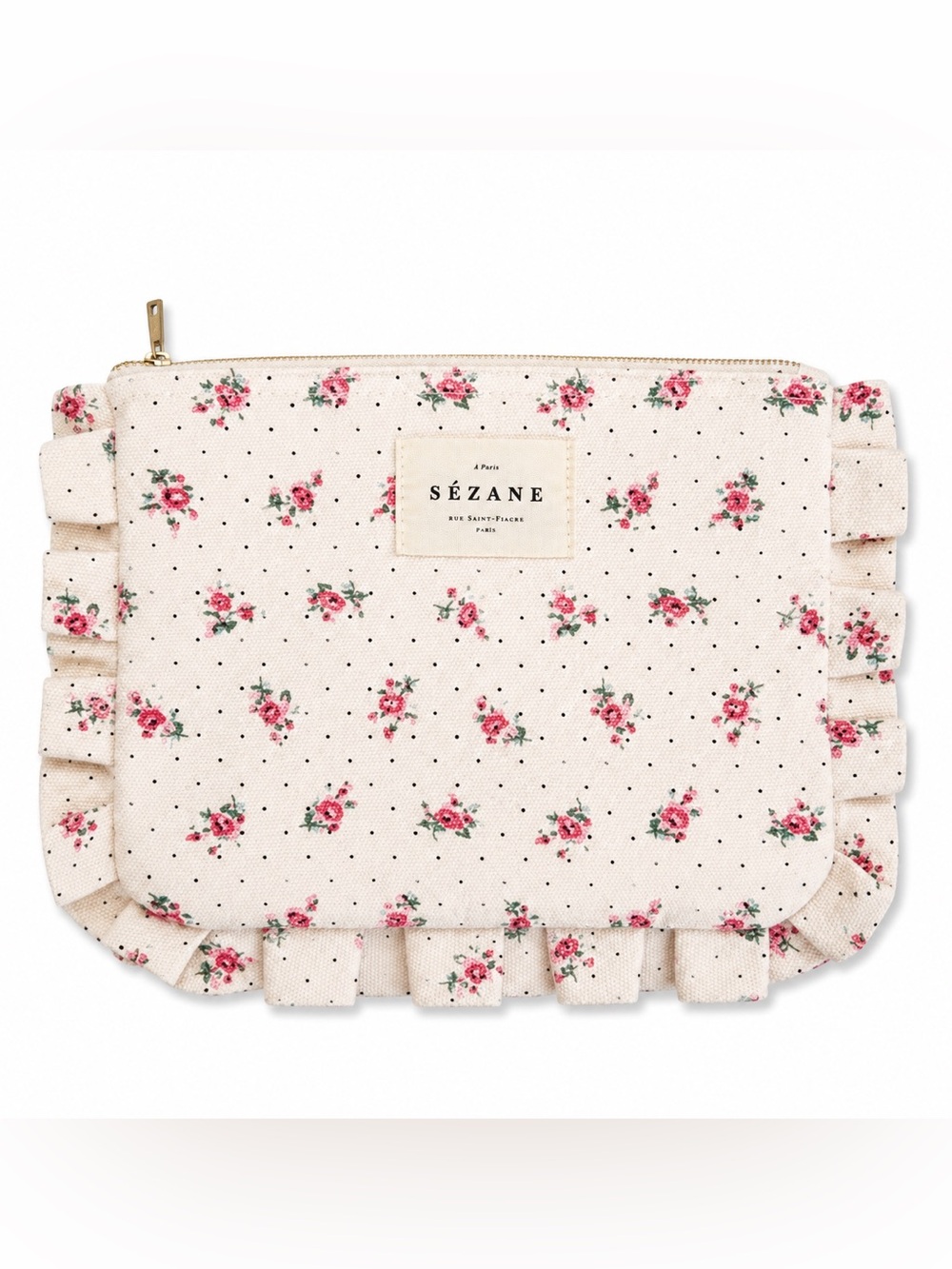 Sezane Floral Rose Cotton Canvas Cosmetic Pouch - Makeup Bag - Ruffle Trim